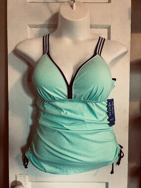 Free Country Mint Aqua Underwire Swimwear Top with Navy & White Trim - XL